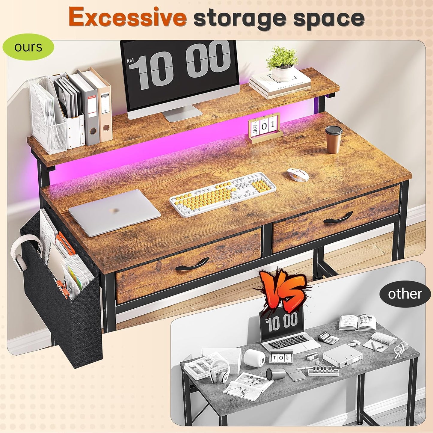 Skiennix Gaming Desk - LED Lights, 2 Drawers, Ergonomic Monitor Stand | Rustic Brown, 31.5 Inch