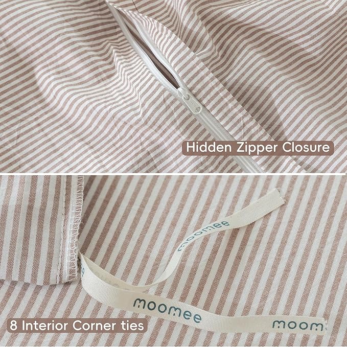 MooMee Striped Duvet Cover Set 100% Washed Cotton Linen Like Textured Breathable Durable Soft Comfy (Orange Pinstripes, Full 80"x90")