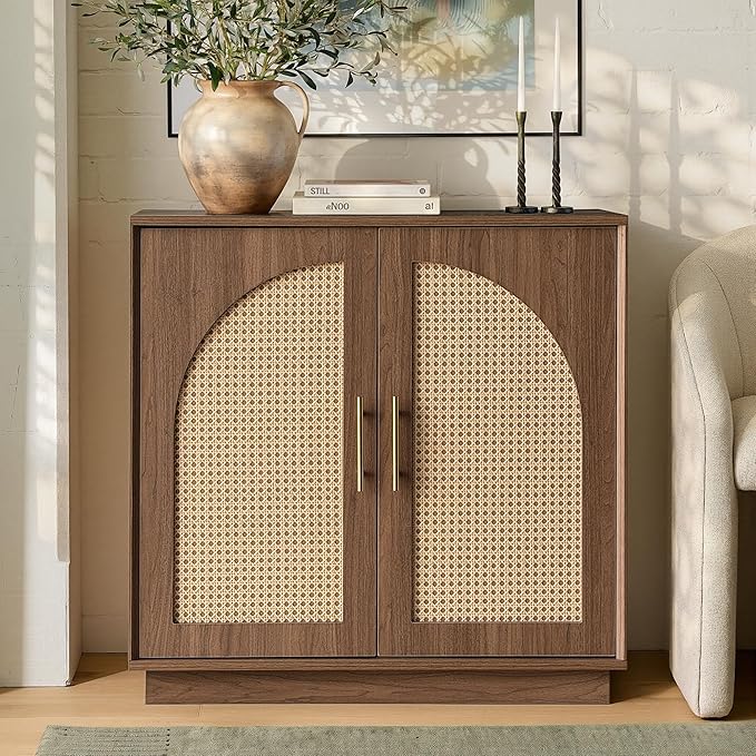 FORTUNETEC Sideboard Buffet Cabinet with Storage Set of 2, Modern Accent Cabinet with Rattan Arched Doors, Modular Media Console, Boho Credenza for Living Room Kitchen Dining Room Entryway, Walnut