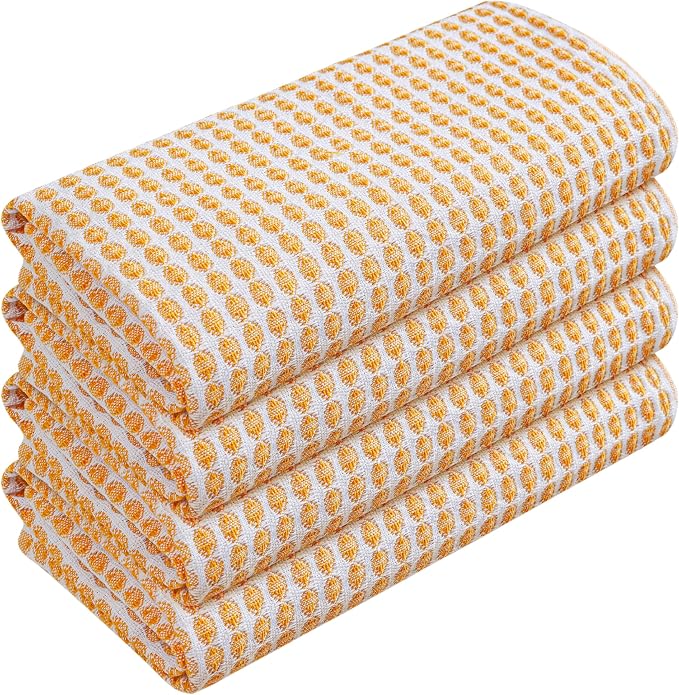 TWINY threads Circle Waffle Tea Towels 4 Pack, 16x26 Inches, 100% Cotton, Heavy Duty, Quick Dry, Reusable Dish Cloths, Ideal for Baking, Cooking, Farmhouse Kitchen Decor, Mustard Yellow