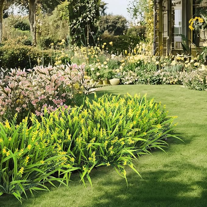 Ouddy Decor 24 Bundles Artificial Flowers for Outdoors, Fake Lavender Flowers Monkey Grass Faux Plastic Plants Shrubs UV Resistant for Porch Garden Window Box Office Home Decorations, Yellow