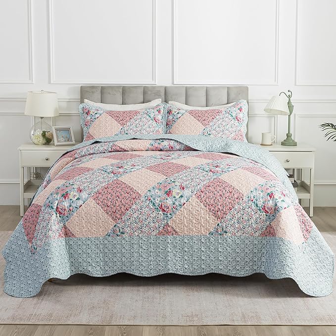 HoneiLife King Quilt Bedding Sets - Microfiber Quilt Set 3-Pieces,Lightweight Bedspreads Patchwork Coverlets Retro Bed Cover Quilt King Size All Season Quilts