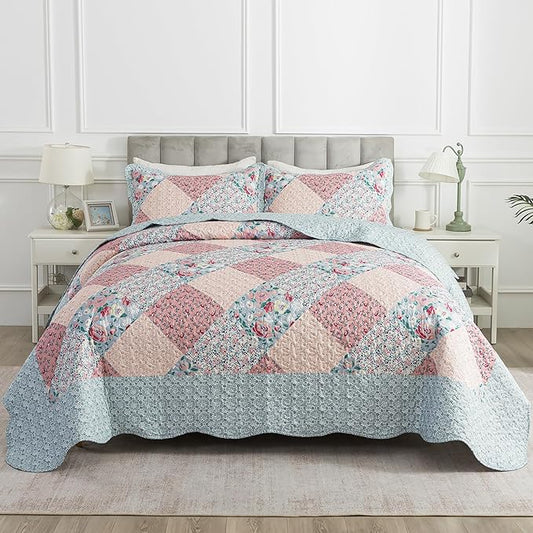 HoneiLife Quilt Set Queen Size - Quilted Bedding Sets 3-Pieces,Microfiber Quilt Sets Lightweight Bedspreads Retro Bed Cover Coverlets for Queen Bed