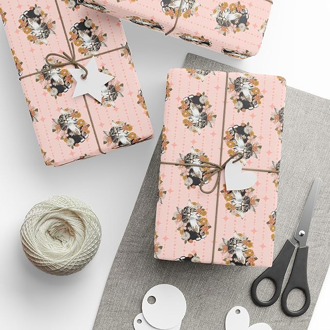 Meandering Annie Pink Floral Kitty Wrapping Paper, Retro Blush Cat Flower Print Gift Wrap Roll, Birthday Valentine's Day 30"x72"