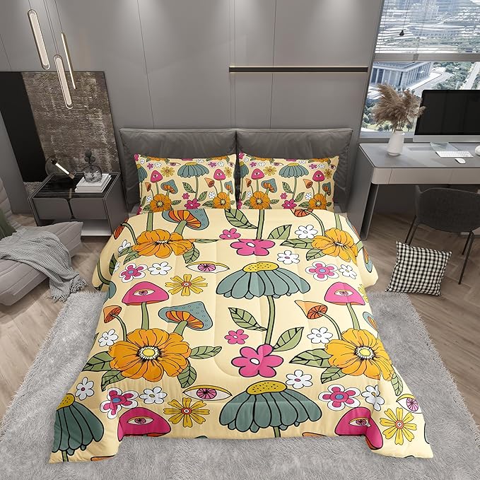 Castle Fairy 70s Retro Floral Comforter Set Full Size,Hippie Flowers Leaves Bedding Comforters for Girls Teens,Cartoon Eyes Mushroom Down Comforter with 2 Pillowcases,Chic