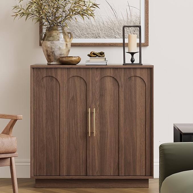 FORTUNETEC Sideboard Buffet Cabinet with Storage Set of 2, Mid Century Modern Accent Cabinet with Arched Doors, Modular Media Console, Credenza for Living Room Kitchen Dining Room Entryway, Walnut