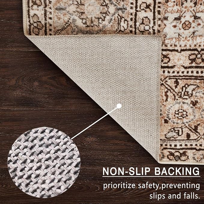 vivorug 5x7 Neutral Area Rugs - Ultra-Thin Washable Rug with Non-Slip Backing, Ideal for Living Room, Bedroom, Kitchen Floor Carpet - Vintage, Easy Clean, Durable, Sand/Antique