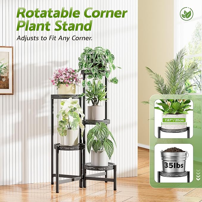 5 Tiered Tall Plant Stand Indoor Outdoor, Metral Plant Shelf for Corner Display Rack, Multi-Tier Folding Planter Pot Holder Flower Stand for Living Room Balcony Garden Patio - BlackS