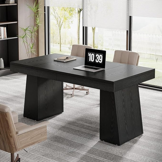 Tribesigns 55 Inches Executive Desk, Mid-Century Modern Home Office Desk, Wood Computer Desk Business Workstation Desk Small Conference Table, Black