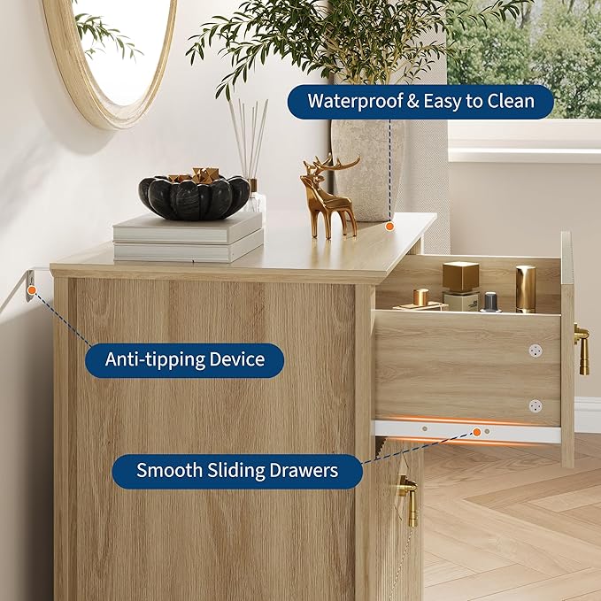GarveeHome 2Pcs Wood Nightstand Fluted Dresser for Bedroom, 27.5" Wide 3-Drawer Bedside Tables, Modern Chest of Drawers, Storage End Table Living Room, Hallway, Entryway, Natural Oak