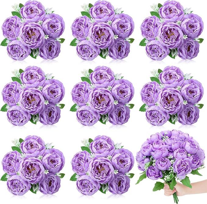 8 Pack Purple Peonies Artificial Flowers, Fake Silk Hydrangea Bouquet for Bridal Wedding Home Table Decor Reusable Dining Opening Ceremony Birthday Arrangement Faux Floral