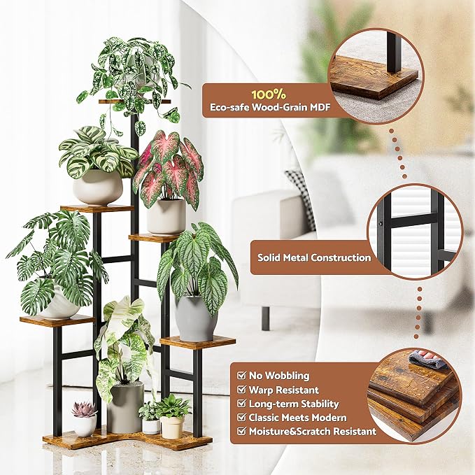 5 Tier Corner Plant Stand Indoor Wood, Metal Plant Shelf Outdoor, Tall Plant Stands Plant Tables Indoor Plant Rack Tiered Plant Stand Garden Accessories for Balcony Patio -BlackSquare