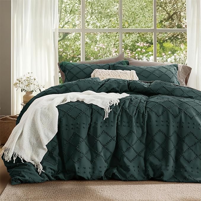 Bedsure Boho Duvet Cover Queen Size, Forest Green Breathable & Soft Boho Bedding, Machine Washable Comforter Cover for All Seasons, Includes 1 Duvet Cover 90"x90" with 2 Pillow Shams & Zipper Closure