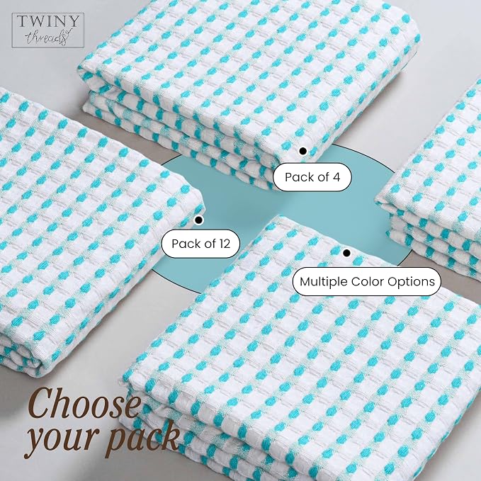 TWINY threads Waffle Kitchen Towels 4 Pack, 100% Cotton 16x26 Dishcloth Set, Highly Absorbent & Quick Dry Tea Towels for Drying Dishes, Cleaning Counters & Everyday Use, Aqua Blue, White