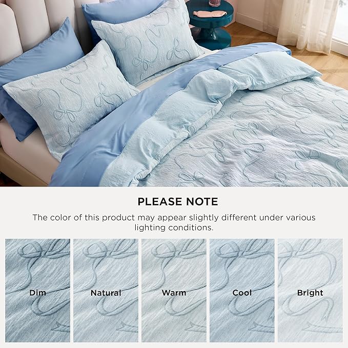 Bedsure Blue Duvet Cover Queen Size with Bowknot Jacquard Design, Soft and Elegant Boho Bedding Set, Luxurious Craftsmanship for a Stylish Bedroom,Includes 1 90"x90" Duvet Cover & 2 Pillow Shams