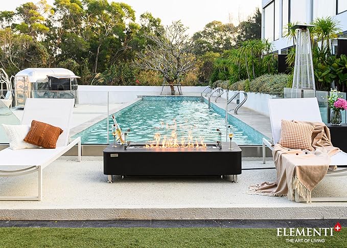 Elementi+ | Bundle Valencia Gas Fire Pit | Concrete Body & Marble Porcelain Top | 62" Rectangular Fire Table | Electronic Ignition | Canvas Cover, Fire Glass, Burner Lid & More | Black | Natural Gas