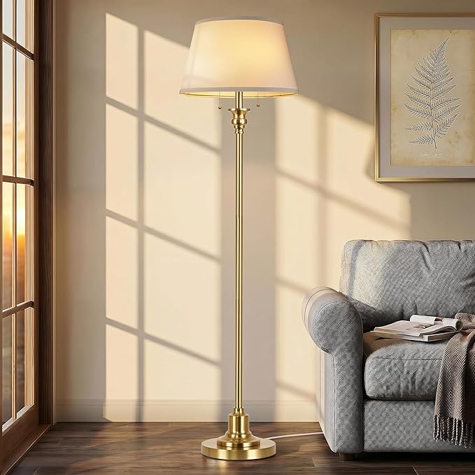 2-Light Floor Lamp for living room, 66.5'' Rustic Farmhouse Pole Lamp with Double Pull Chain, Mid Century Vintage Tall Standing Lamp for Bedroom Home Decor(3 Color Temperatures Bulb Included), Gold
