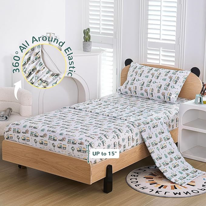 Viviland 3 Pieces Boys Brown Green Twin Sheet Set - Soft Microfiber Fitted Flat Sheets & Pillowcase - Country Train Town Bedding Sets - for Kids & Toddlers