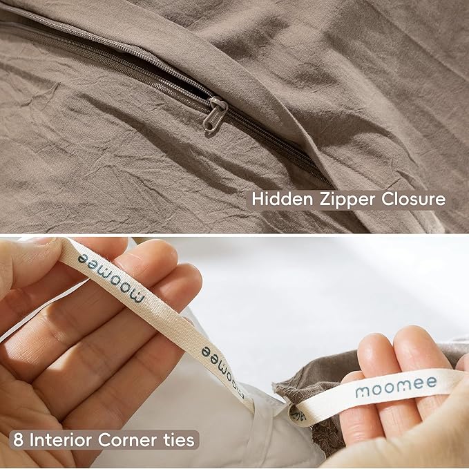 MooMee Bedding Duvet Cover Set 100% Washed Cotton Linen Like Textured Breathable Durable Soft Comfy (Solid Brown, Cal King 104"x98")