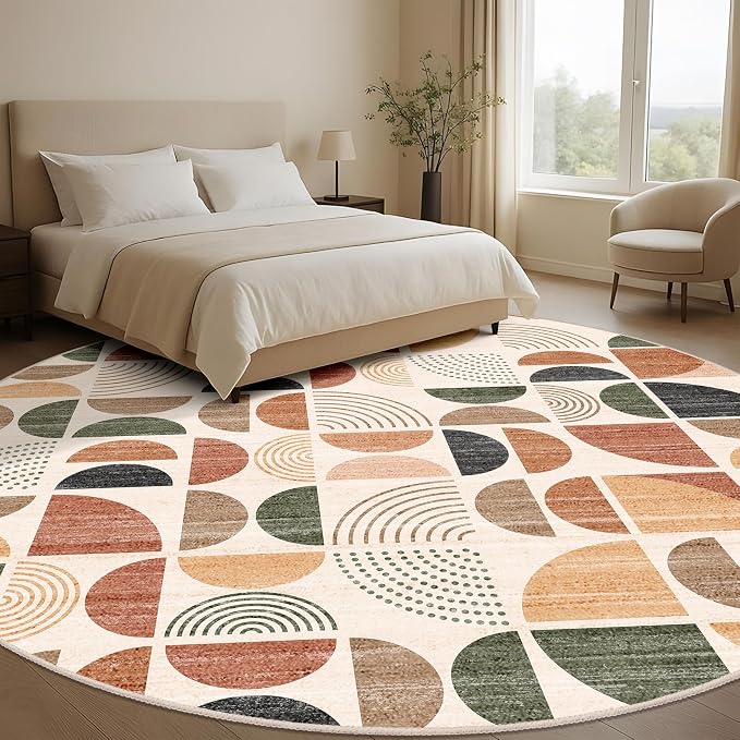 MUJOO Round Rugs 9ft,Circle Area Rug Washable,Circular Rugs for Living Room Dining Room,Large Boho Non Slip Throw Floor Carpet Modern Abstract Bohemian Terracotta