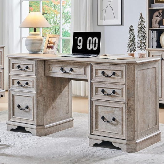 T4TREAM 59" Farmhouse Executive Desk with Drawers,Wood Home Office Computer Desk, Featuring Keyboard Tray,Charging Station,File Drawer, Storage Cabinet,for Work and Study (Light Rustic Oak)