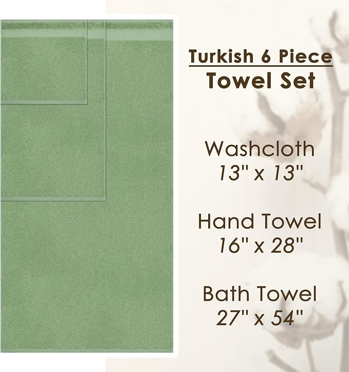 Cotton Paradise Towel Set of 6, 2 Bath Towels, 2 Hand Towels and 2 Washcloths Towels for Bathroom Sets, Green
