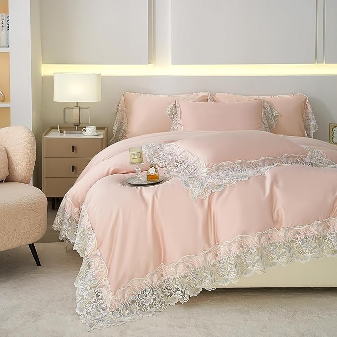mixinni Luxury Satin Duvet Cover Set with Embroidery Lace, Silky Soft Bedding Set (1 Duvet Cover + 2 Pillowcases), Blush Pink - Elegant Bedroom Comforter Cover, Vintage Royal Style-Full Size