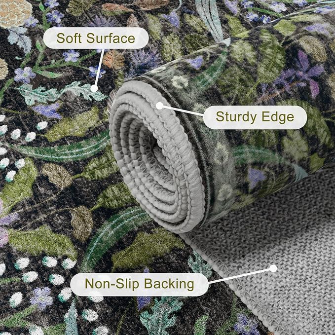 AMTOVO 8x10 Washable Area Rugs for Living Room, Non-Slip&Non-Shedding Large Soft Boho Floral Vintage Accent Print Carpet for Bedroom Dorm Dining Room Farmhouse Nursery Playroom Home Office, Black