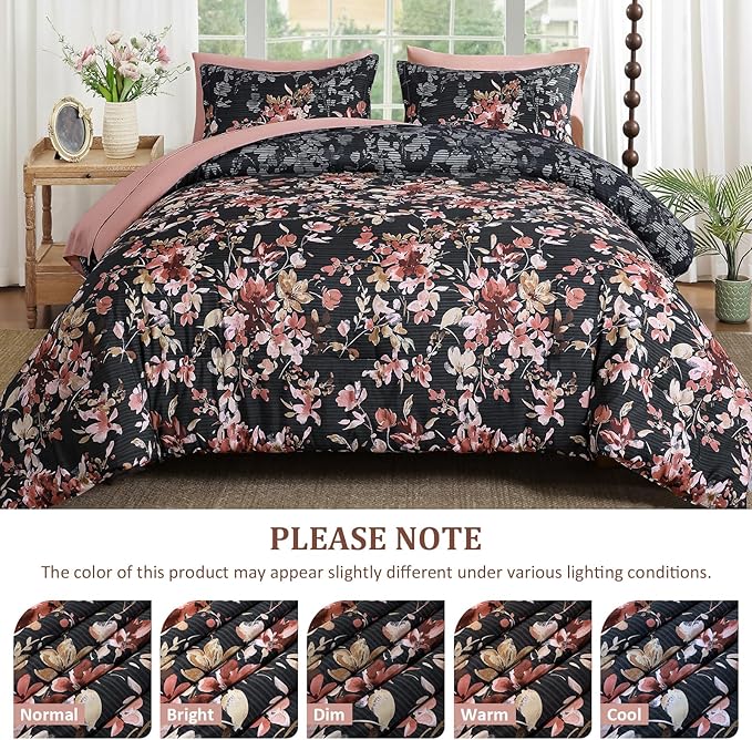 Dobuyly King Size Comforter Set, 7 Pieces Black and Pink Floral Comforter Set, Bed in a Bag King with Botanical Flowers Pattern, All Season Farmhouse Bedding Set with Sheets, Pillowcases & Shams