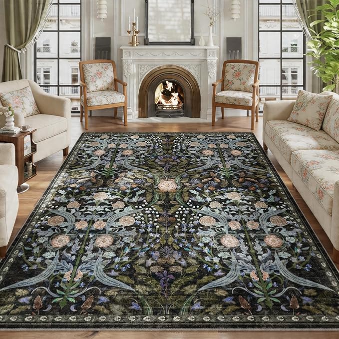 AMTOVO 8x10 Washable Area Rugs for Living Room, Non-Slip&Non-Shedding Large Soft Boho Floral Vintage Accent Print Carpet for Bedroom Dorm Dining Room Farmhouse Nursery Playroom Home Office, Black