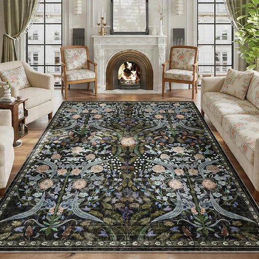 AMTOVO 8x10 Washable Area Rugs for Living Room, Non-Slip&Non-Shedding Large Soft Boho Floral Vintage Accent Print Carpet for Bedroom Dorm Dining Room Farmhouse Nursery Playroom Home Office, Black