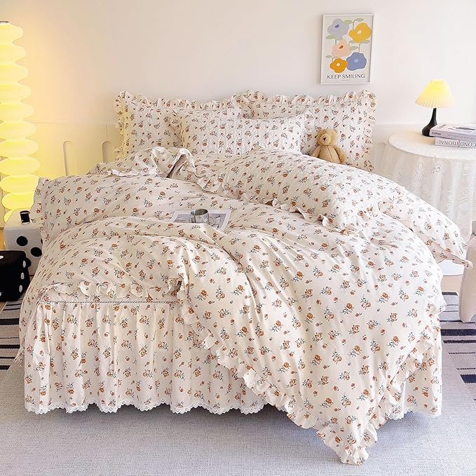 EAVD Cute Romantic Floral Duvet Cover King Soft Cotton Garden Small Floral Ruffled Bedding Set with 2 Pillowcases Fresh Chic Botaical Pattern Duvet Cover with Zipper Closure