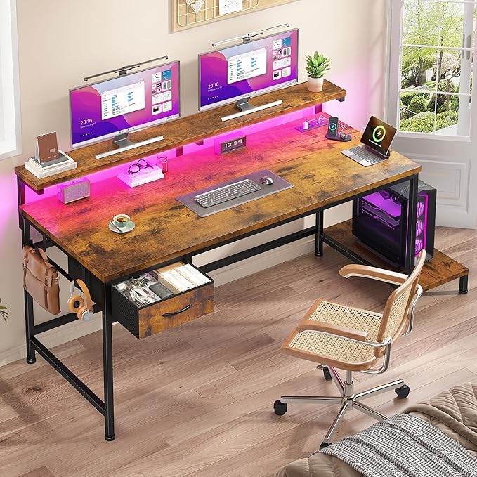 39.3Inch Office Desk with Power Outlet & Drawer, Gaming Desk with CPU Stand& LED Lights,Computer Desk with Ergonomic Monitor Stand for Small Space,Rustic Brown