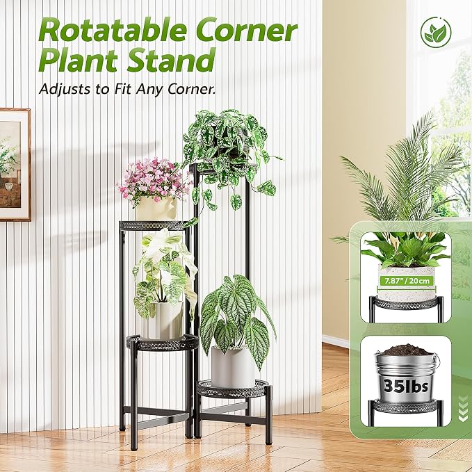 4 Tier Metal Plant Stand Indoor Outdoor, Corner Tall Plant Shelf for Multiple Plants, Foldable Plant Stand Heavy Duty Flower Stand Holder for House Living Room Balcony Garden Patio -BlackS