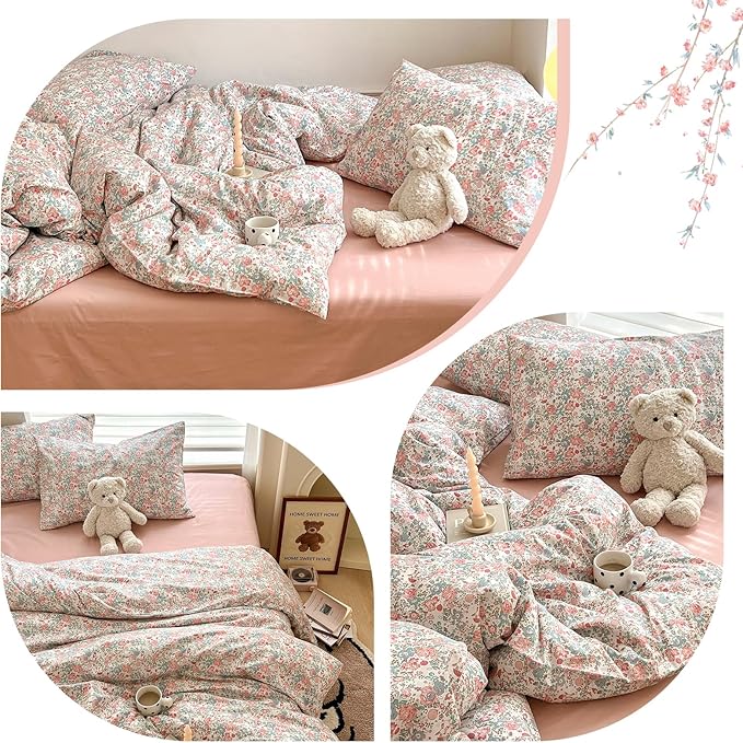 Boho Floral Duvet Cover Queen Soft Cotton Aesthetic Floral Bedding Sets French Style Pink Blue Flower Branches Duvet Cover Chic Shabby Garden Floral Comforter Cover Botanical Queen Size Bedding Sets