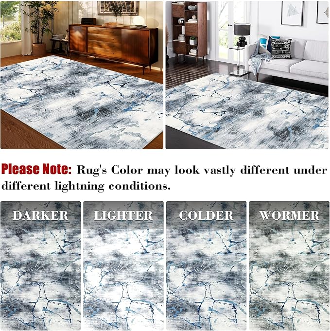 Area Rug 6x9 Washable Modern Abstract Rug for Living Room Water Ink Abstract Small Accent Carpets Low Pile Soft Bedroom Floor Covers Non Shedding Office Carpet Mat for Porch Kitchen， Blue