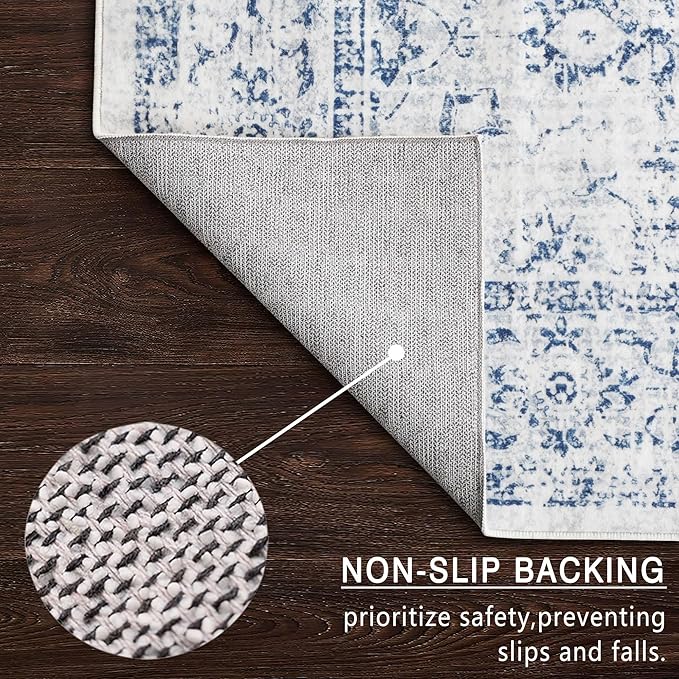 3x5 Rug, Small Area Rug for Living Room, Bedroom, Kitchen, Machine Washable Non-Slip Throw Rug, Vintage Distressed Floral Carpet for Entryway Nursery Dinner Room - Durable (Blue)