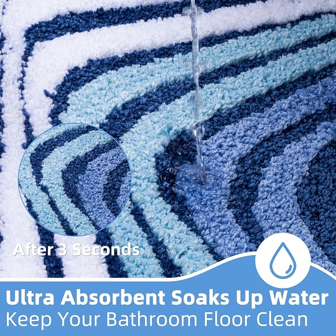 Funky Blue Bathroom Rug, Absorbent Non Slip High Pile Tufted Bath Mat with 3D Striped Pattern, Plush Microfiber Shower Rug for Bathroom Sink, Tub, Machine Washable, 16"x24"