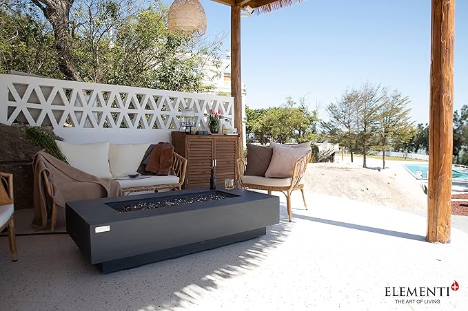 Elementi+ | Positano Gas Fire Pit Cast Concrete 60" Rectangular Fire Table, Outdoor Fire Pit Electronic Ignition | Canvas Cover, Fire Glass and Burner Lid Included | Dark Gray | Propane Gas