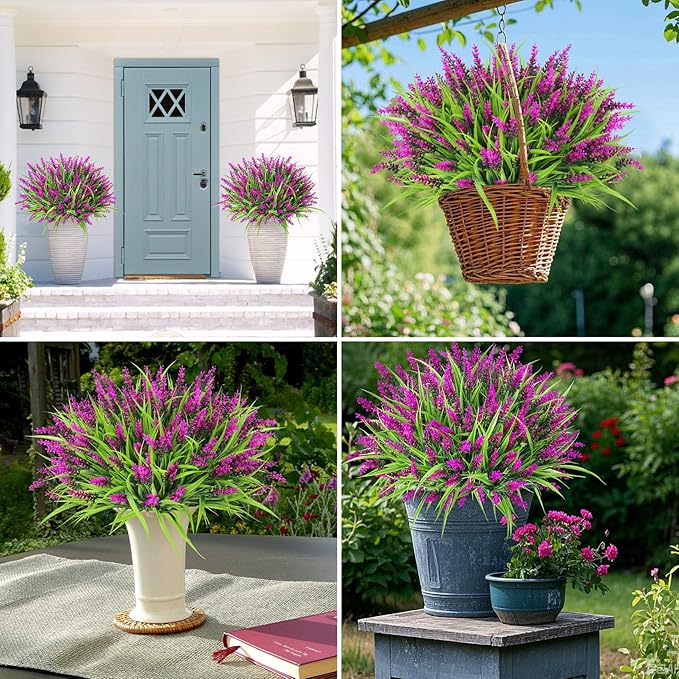 Ouddy Decor 24 Bundles Artificial Flowers for Outdoors, Fake Lavender Flowers Monkey Grass Faux Plastic Plants Shrubs UV Resistant for Porch Garden Window Box Office Home Decorations, Fuchsia