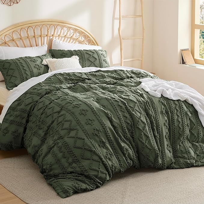 Bedsure Boho Duvet Cover King Size, Soft & Comfortable Elegant Design Boho Bedding for Decoration, Machine Washable Comforter Cover for All Seasons,Includes 1 Duvet Cover & 2 Pillow Shams,Olive Green