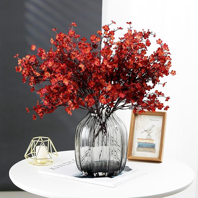 JAKY-Global Babys Breath Silk Artificial Flowers Bulk with Vase 10pcs Fall Decor Fake Flower Bouquet Bulk for Home Kitchen Indoor Arrangement Table Centerpieces Party Decor(Burnt Red Brown with Vase)