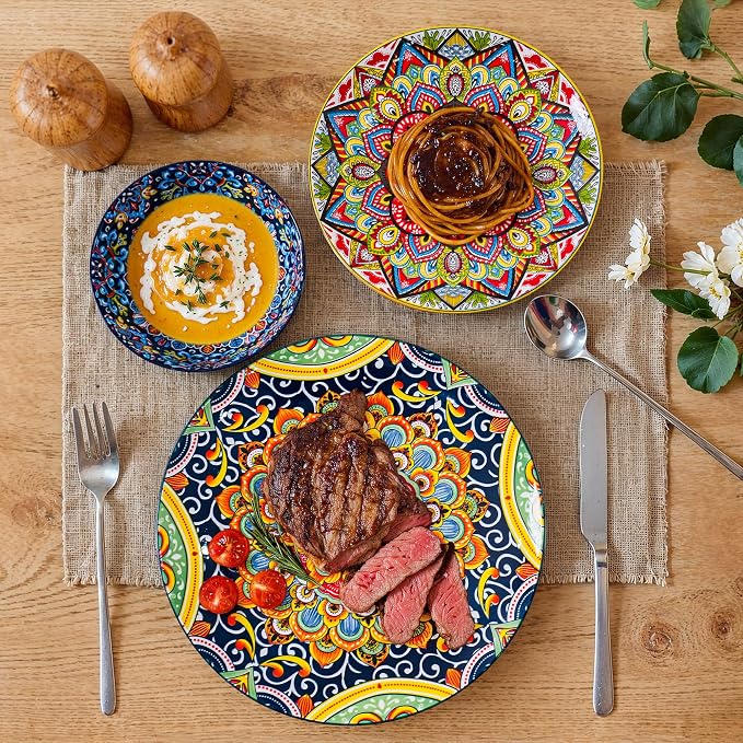 18 Pieces Dinnerware Sets, Porcelain Dishes Set for 6, Microwave and Dishwasher Safe, Scratch Resistant, Bohemian Style Plates and Bowls Set, Service for 6