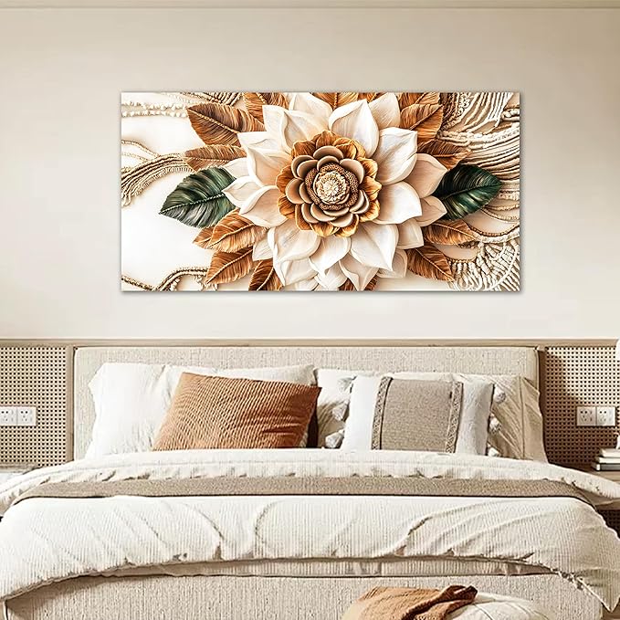 Tarfupth Boho Flower Canvas Wall Art for Living Room White and Brown Large Canvas Prints Botanical Pictures for Bedroom Office Home Decor 24"x48"