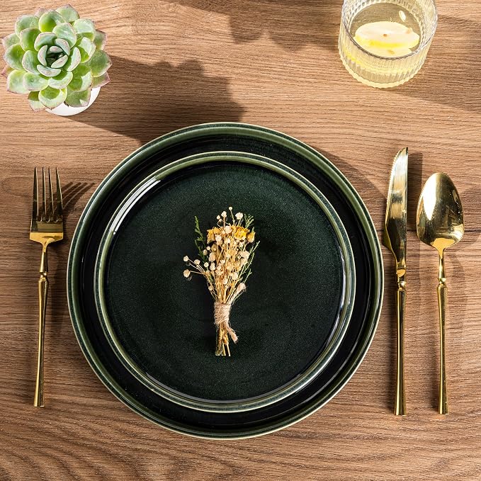 GBHOME Ceramic Dinnerware Sets for 4, 12 Pieces Stoneware Plates and Bowls Sets, Scratch Resistant Dishes, Dishwasher & Microwave Safe, Reactive Glaze-Earth Green