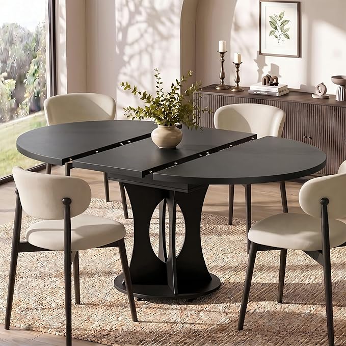 Einhomn 43-59" Extendable Round Dining Table, Kitchen Table for 4-8, Farmhouse Circle Dining Room Table with Removable Leaves,Hidden Storage, Space Saving Wood Kitchen & Dining Room Furniture, Black
