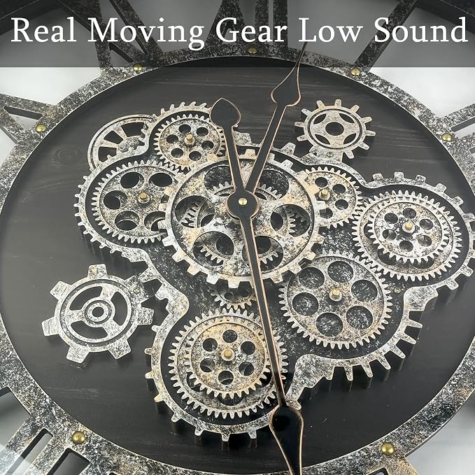 36 Inch Moving Gear Wall Clock, Oversized Wall Clocks, Clock Living Room Decor, Solid Wood Frame, Battery Operated, Large Wall Clock with Steampunk Industrial for Fireplace(Black)