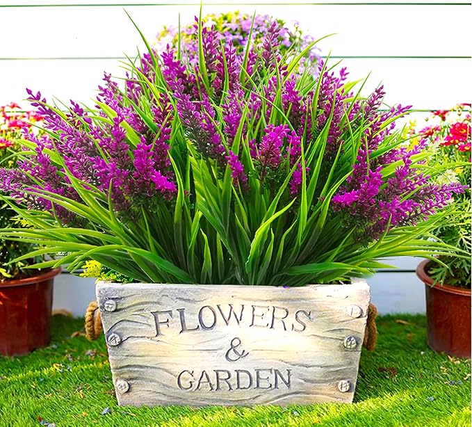 Artificial Plants Outdoor, 20 Pcs Fake Flowers UV Resistant Outdoor Fake Plants, Lavender Artificial Flowers Plastic Fake Faux Flowers Shrubs for Home Porch Garden Yard Window Box