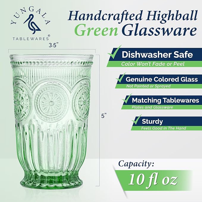 Green Highball Glasses Set of 6 Tall Drinking Glasses 10 oz