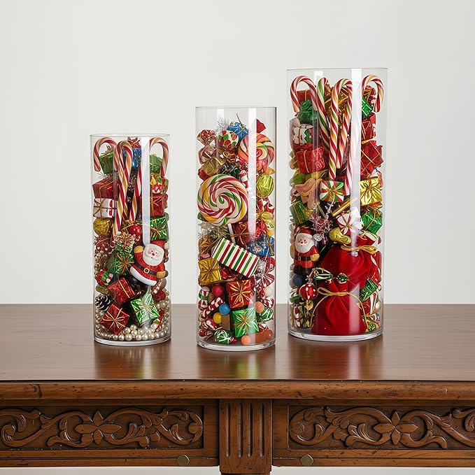 Extra Large Acrylic Cylinder Clear Vase for Floor, Tall Big Wide Mouth Plastic Unbreakable Hurricane Flower Vases of 3 for Home Decor (D 8" X H 19.7", D 6", D 4.8" + 2 Holder)